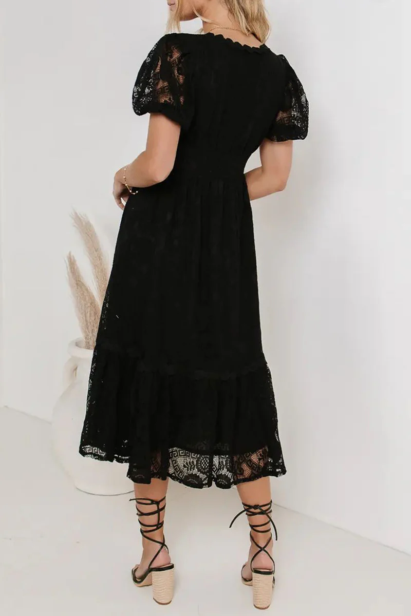 Casual Daily Solid Color Lace Buttons V Neck A Line Dresses(4 Colors) - Panekey