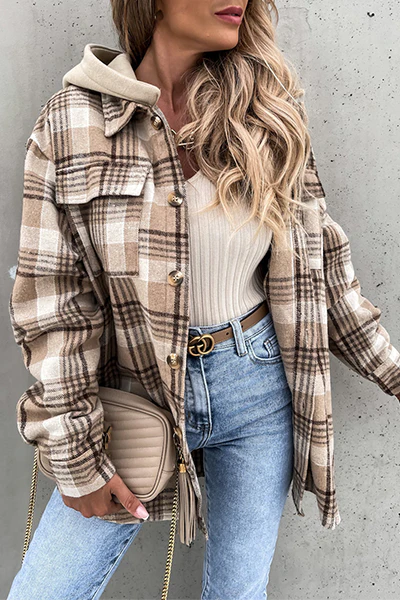 Casual Plaid Patchwork Buckle Hooded Collar Outerwear - Panekey