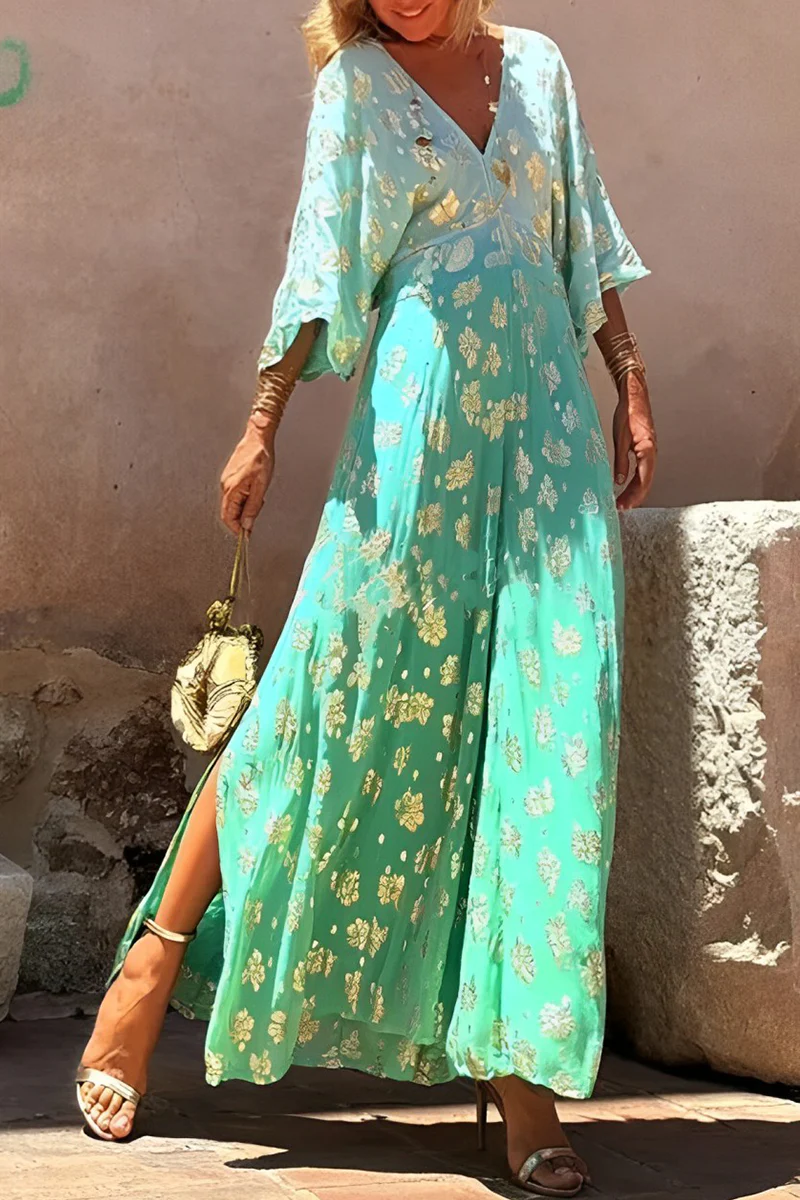 Casual Daily Gradient Print Bronzing Pattern V Neck Loose Jumpsuits - Panekey