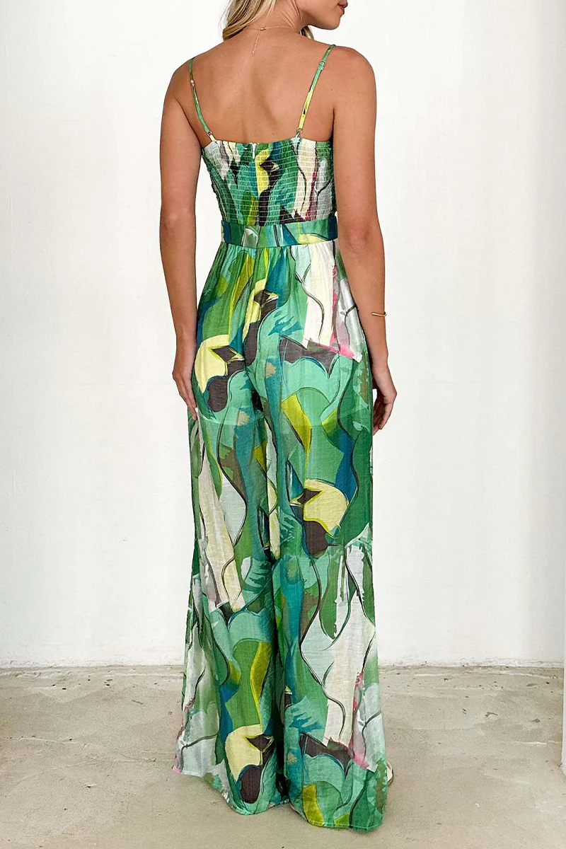 Casual Floral Print Pocket Contrast V Neck Loose Jumpsuits - Panekey