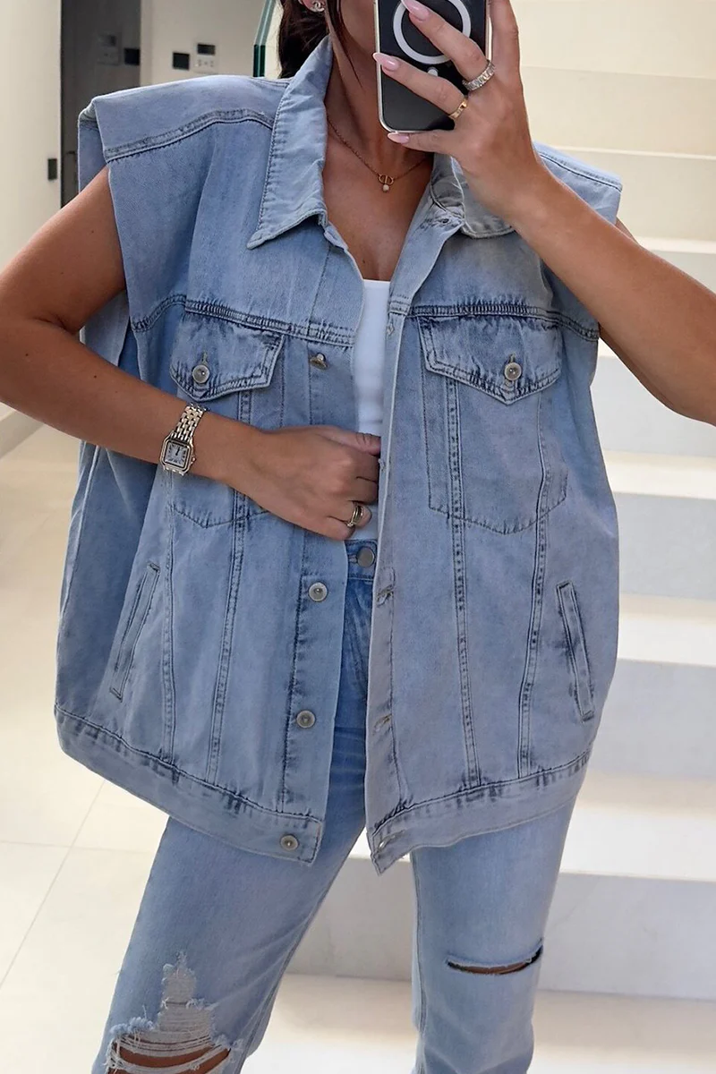 Casual Distressed Buttons Turndown Collar Sleeveless Loose Denim Jacket - Panekey