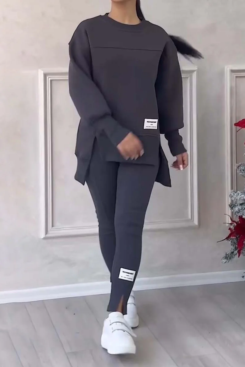 Casual Daily Letter Print Patchwork Slit O Neck Long Sleeve Two Pieces(6 Colors) - Panekey