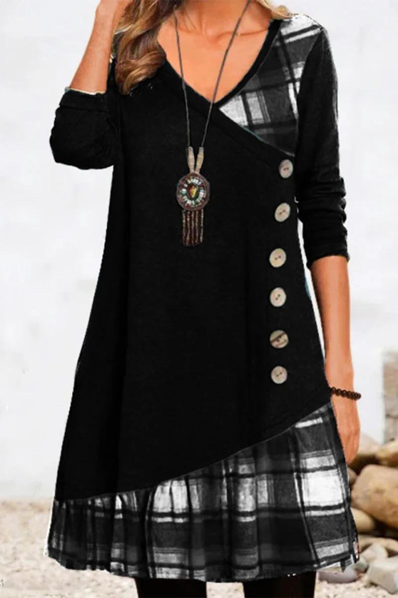 Casual Plaid Patchwork Buttons V Neck A Line Dresses - Panekey