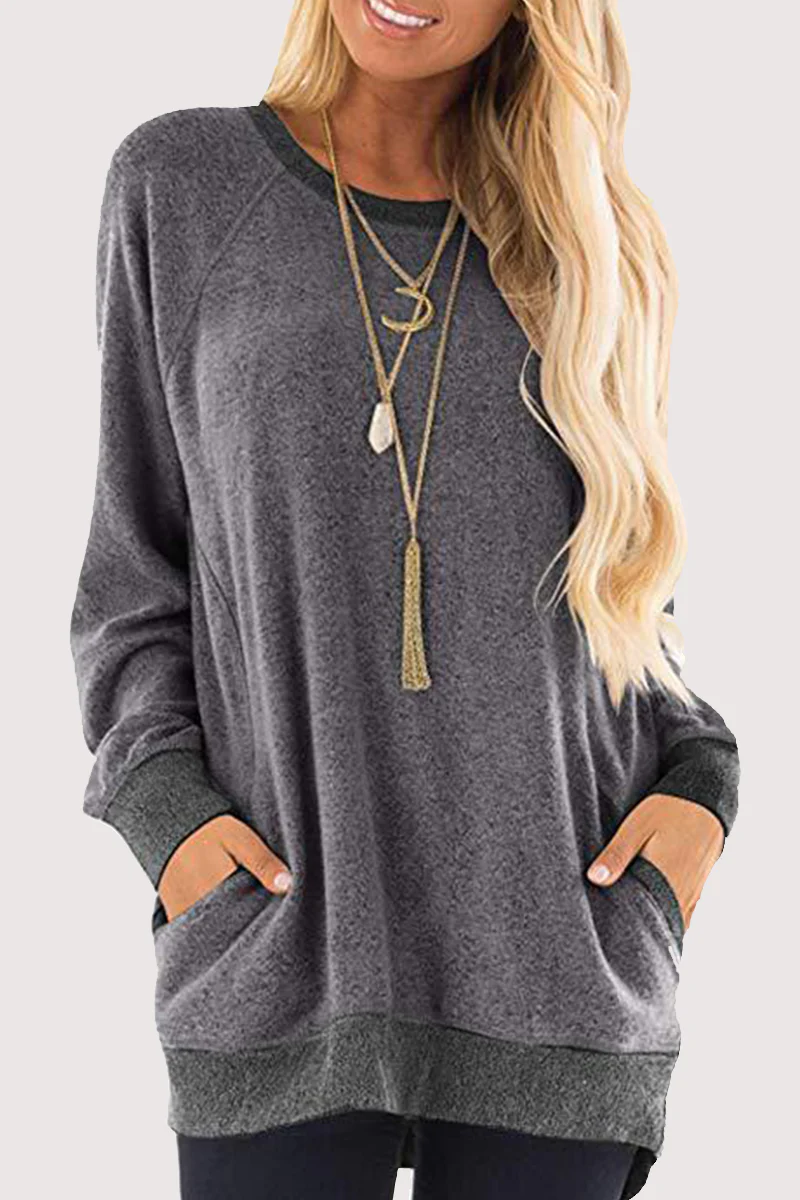 Casual Patchwork Pocket O Neck Tops - Panekey