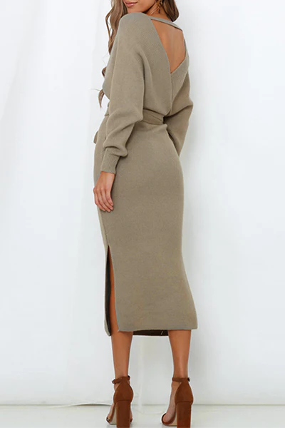 Casual Elegant Solid Backless Slit Strap Design V Neck Pencil Skirt Dresses - Panekey