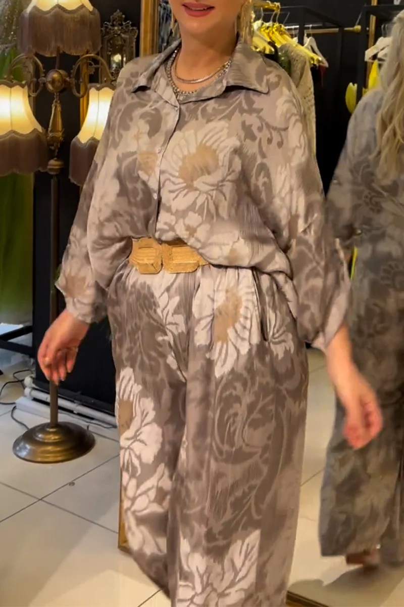 Casual Floral Print Buttons Turndown Collar Long Sleeve Two Pieces - Panekey