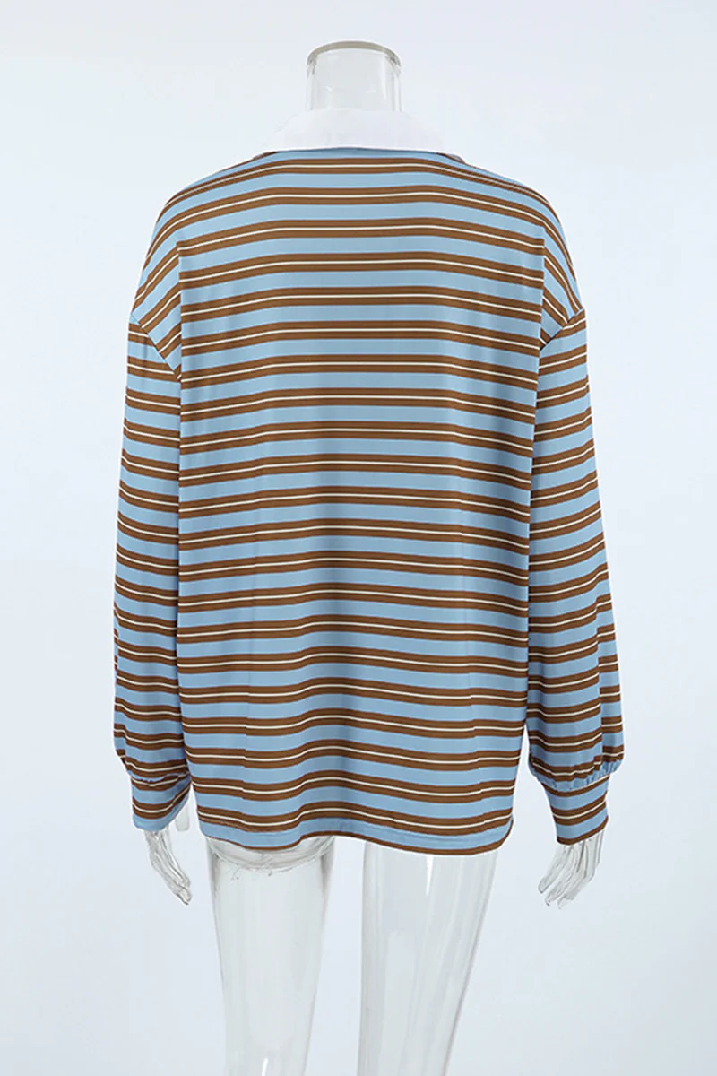 Casual Daily Striped Print Buttons Contrast Turndown Collar Tops - Panekey