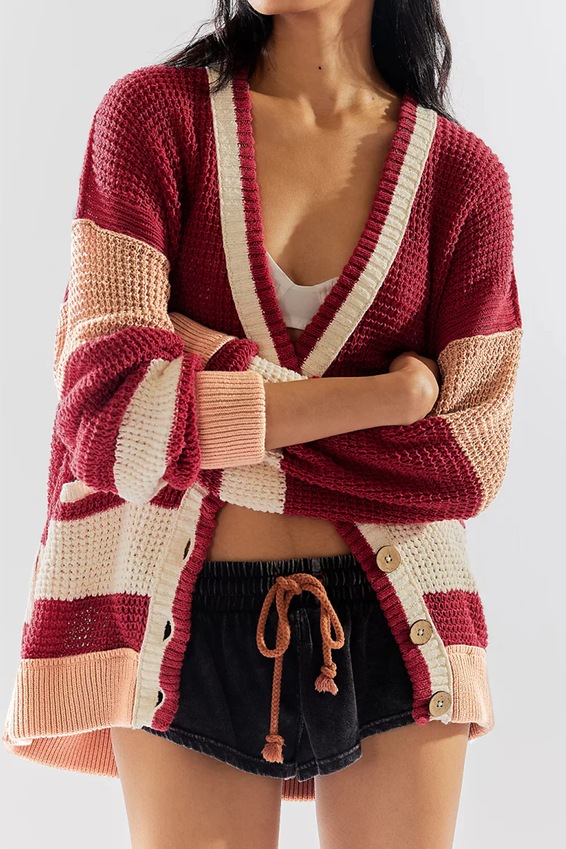 Casual Daily Colorblock Pocket Buttons Weave V Neck Outerwear(4 Colors) - Panekey