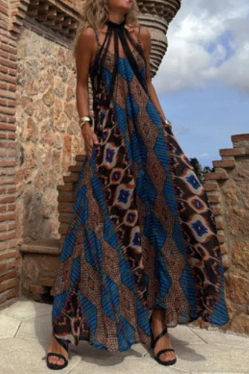 Casual Geometric Print Pocket Contrast V Neck Long Dresses - Panekey