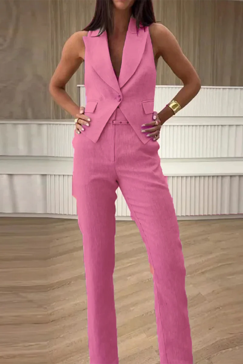 Casual Daily Solid Color Buttons Turn-back Collar Sleeveless Two Pieces(3 Colors) - Panekey