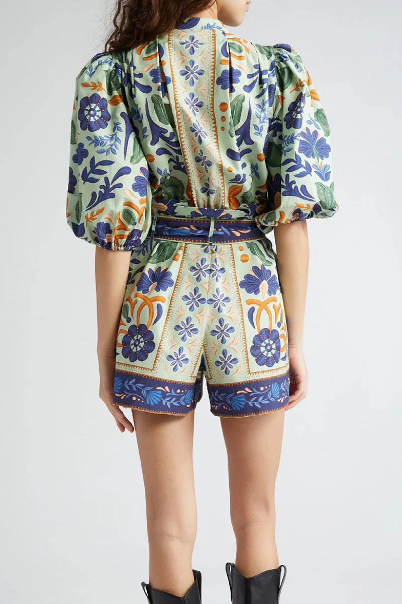 Casual Floral Print Lace Up Buttons O Neck Rompers - Panekey