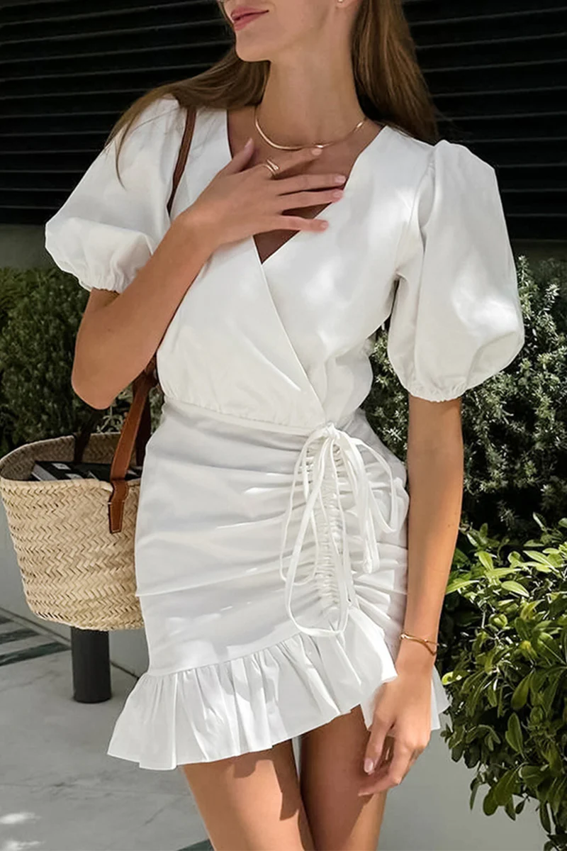 Casual Daily Solid Color Draw String Ruffle Ruched V Neck A Line Dresses - Panekey