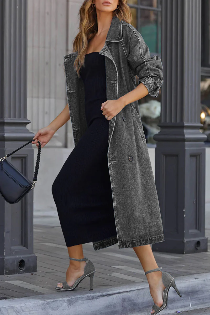 British Style Elegant Solid Bandage Make Old Turndown Collar Long Sleeve Loose Denim Jacket - Panekey