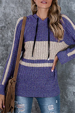 Casual Patchwork Draw String  Contrast Hooded Collar Tops - Panekey