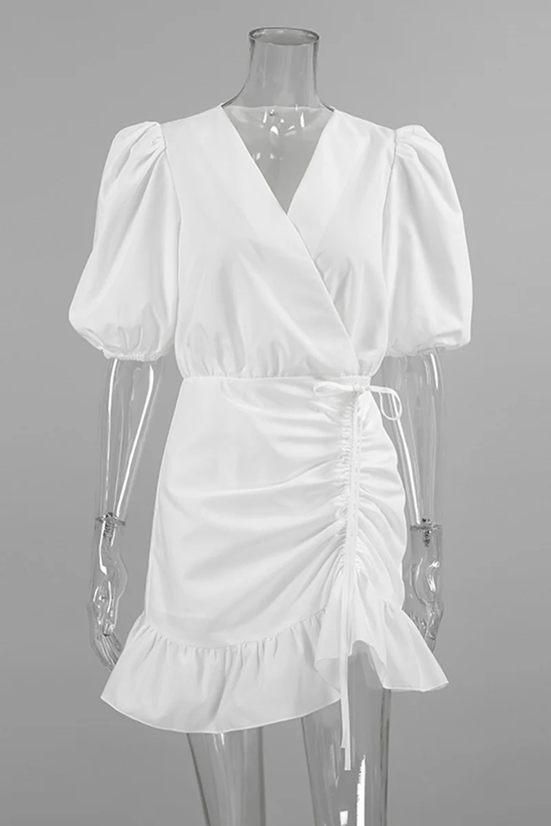 Casual Daily Solid Color Draw String Ruffle Ruched V Neck A Line Dresses - Panekey