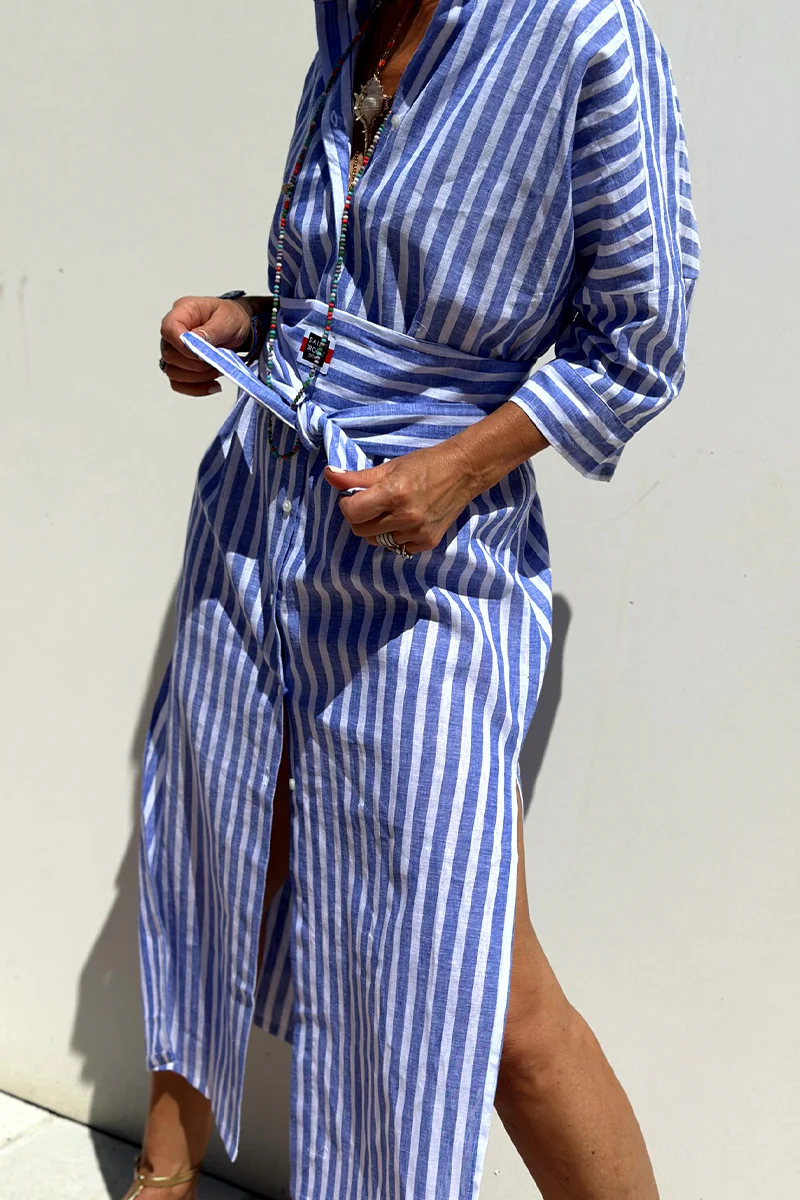 Casual Plaid Striped Print Buttons With Belt Turndown Collar Shirt Dresses(5 Colors) - Panekey