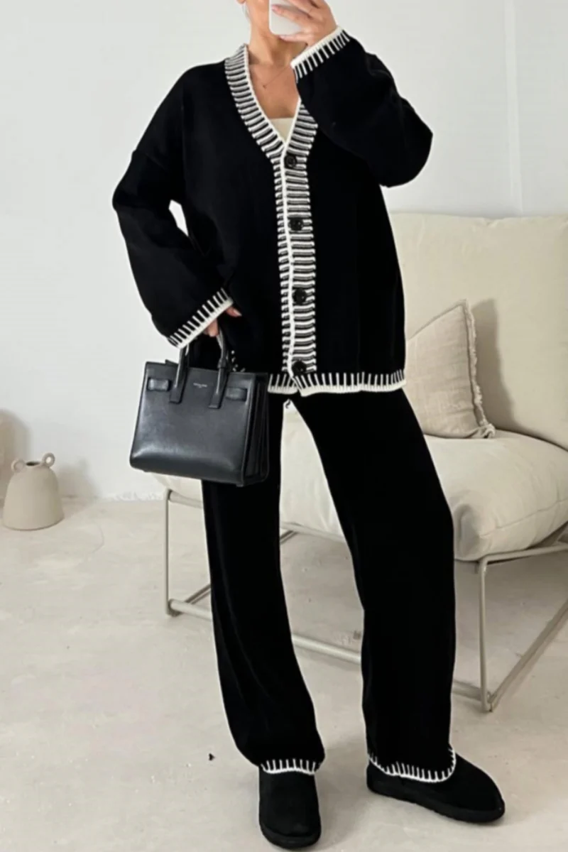 Casual Patchwork Buttons V Neck Long Sleeve Two Pieces(4 Colors) - Panekey