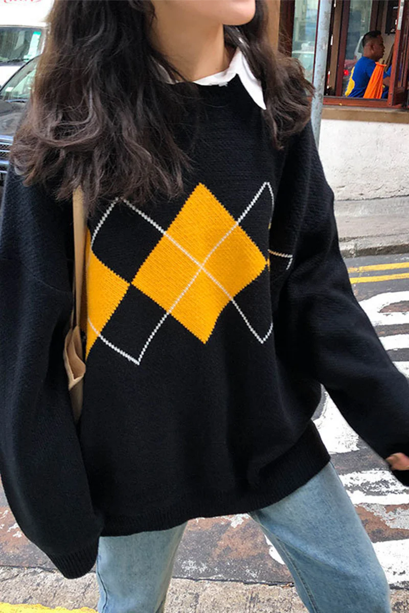Casual Geometric Patchwork Contrast O Neck Tops Sweater(3 Colors) - Panekey