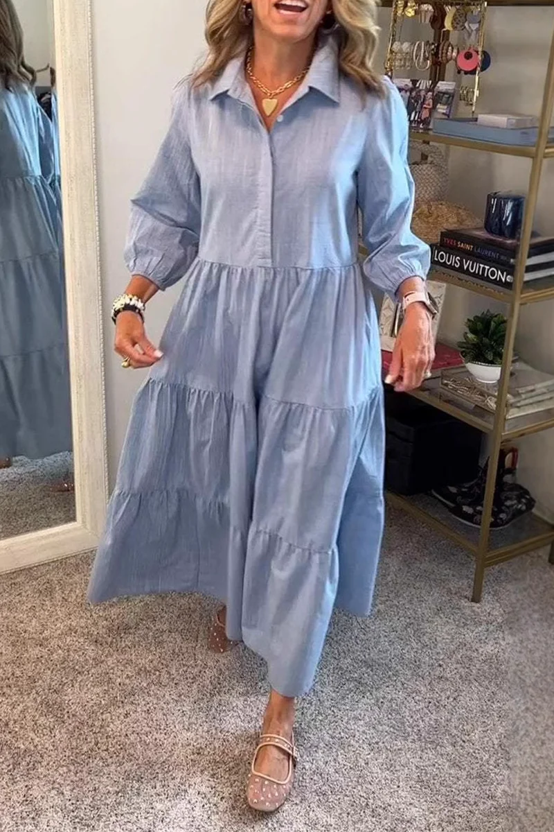 Casual Buttons Ruffle Turndown Collar A Line Dresses(6 Colors) - Panekey