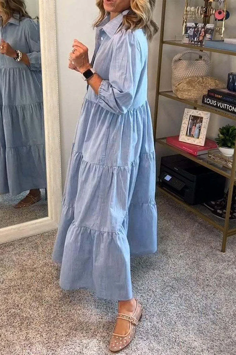 Casual Buttons Ruffle Turndown Collar A Line Dresses(6 Colors) - Panekey