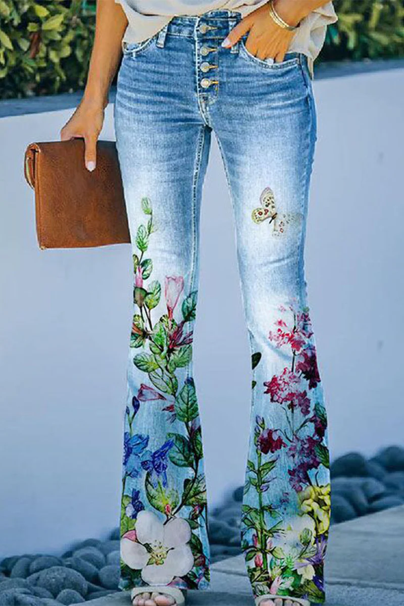 Casual Floral Pocket Regular Denim Jeans(9 Colors) - Panekey
