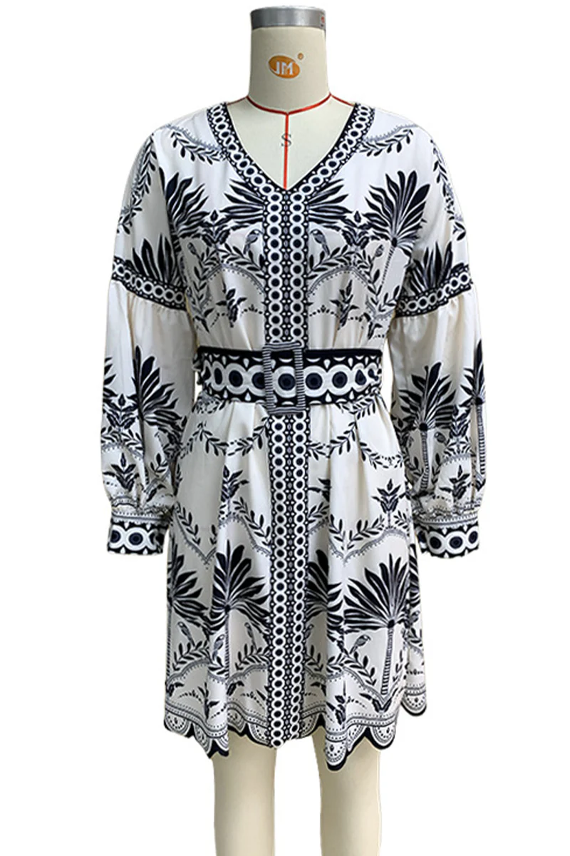 Casual Floral Print Patchwork With Belt V Neck A Line Dresses - Panekey