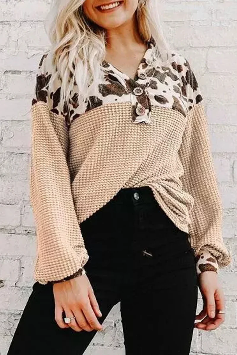 Casual Leopard Patchwork V Neck Tops - Panekey
