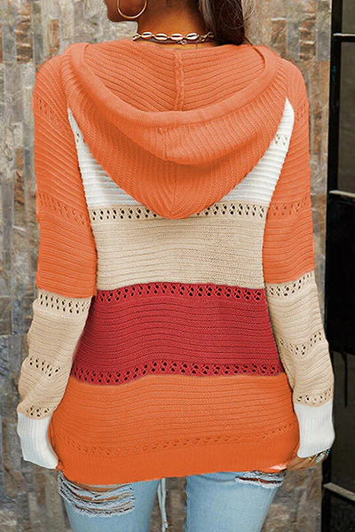 Casual Patchwork Draw String Cross Straps Contrast Hooded Collar Tops(7 Colors) - Panekey