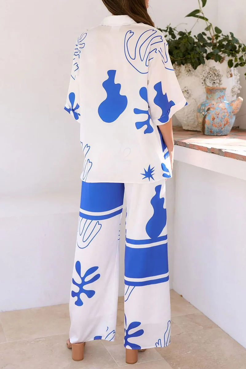 Casual Daily Geometric Print Buttons Turndown Collar Short Sleeve Two Pieces - Panekey