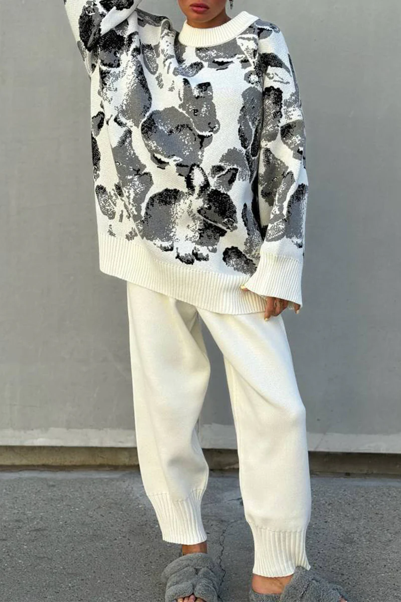 Casual Geometric Print Weave Contrast O Neck Long Sleeve Two Pieces - Panekey