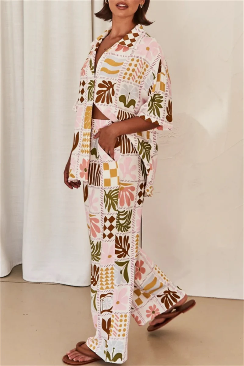 Casual Floral Print Basic Turndown Collar Short Sleeve Two Pieces - Panekey