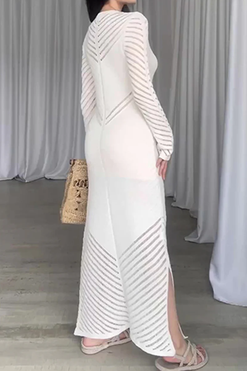 Casual Daily Solid Color Hollow Out Stringy Selvedge O Neck Wrapped Skirt Dresses - Panekey