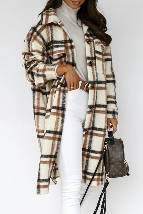 Casual Elegant Plaid Pocket Buckle Turndown Collar Outerwear - Panekey