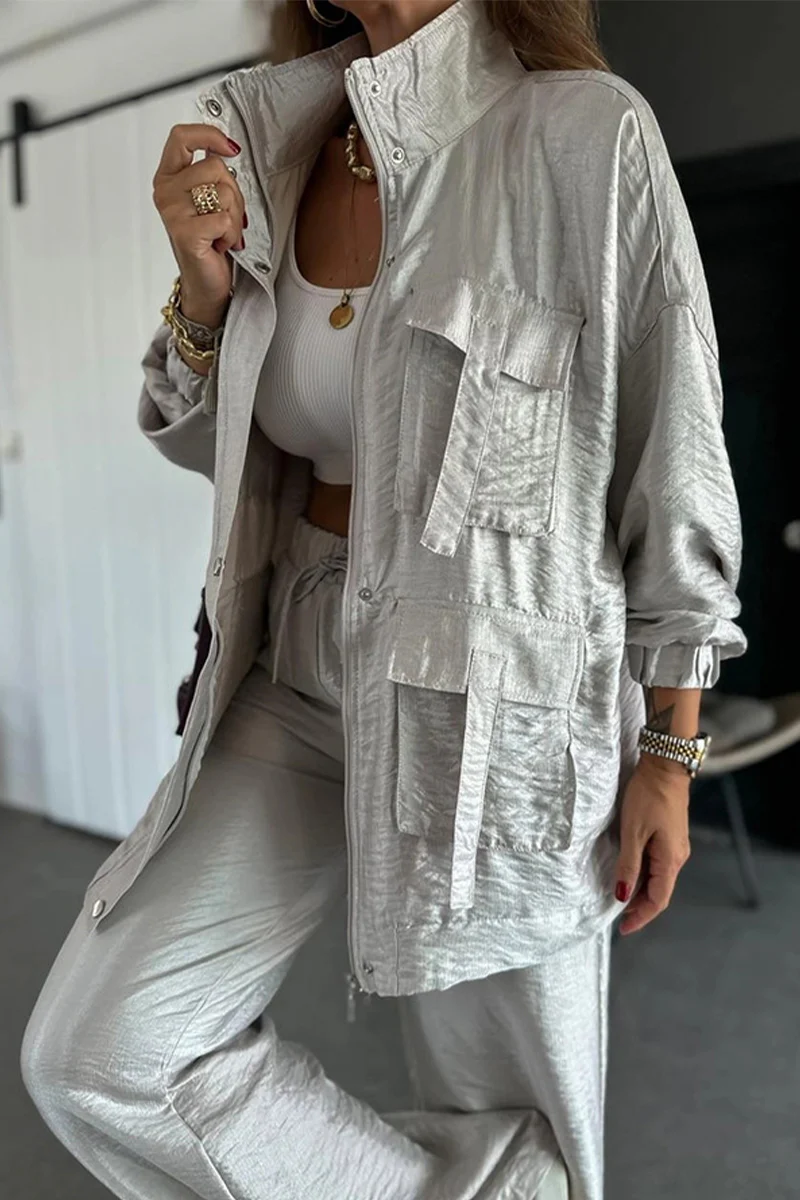 Casual Pocket Ruched Mandarin Collar Long Sleeve Two Pieces(6 Colors) - Panekey