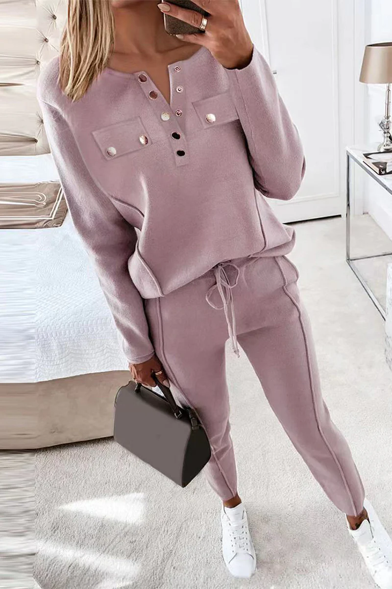 Casual Buckle Solid Color V Neck Long Sleeve Two Pieces(3 Colors) - Panekey