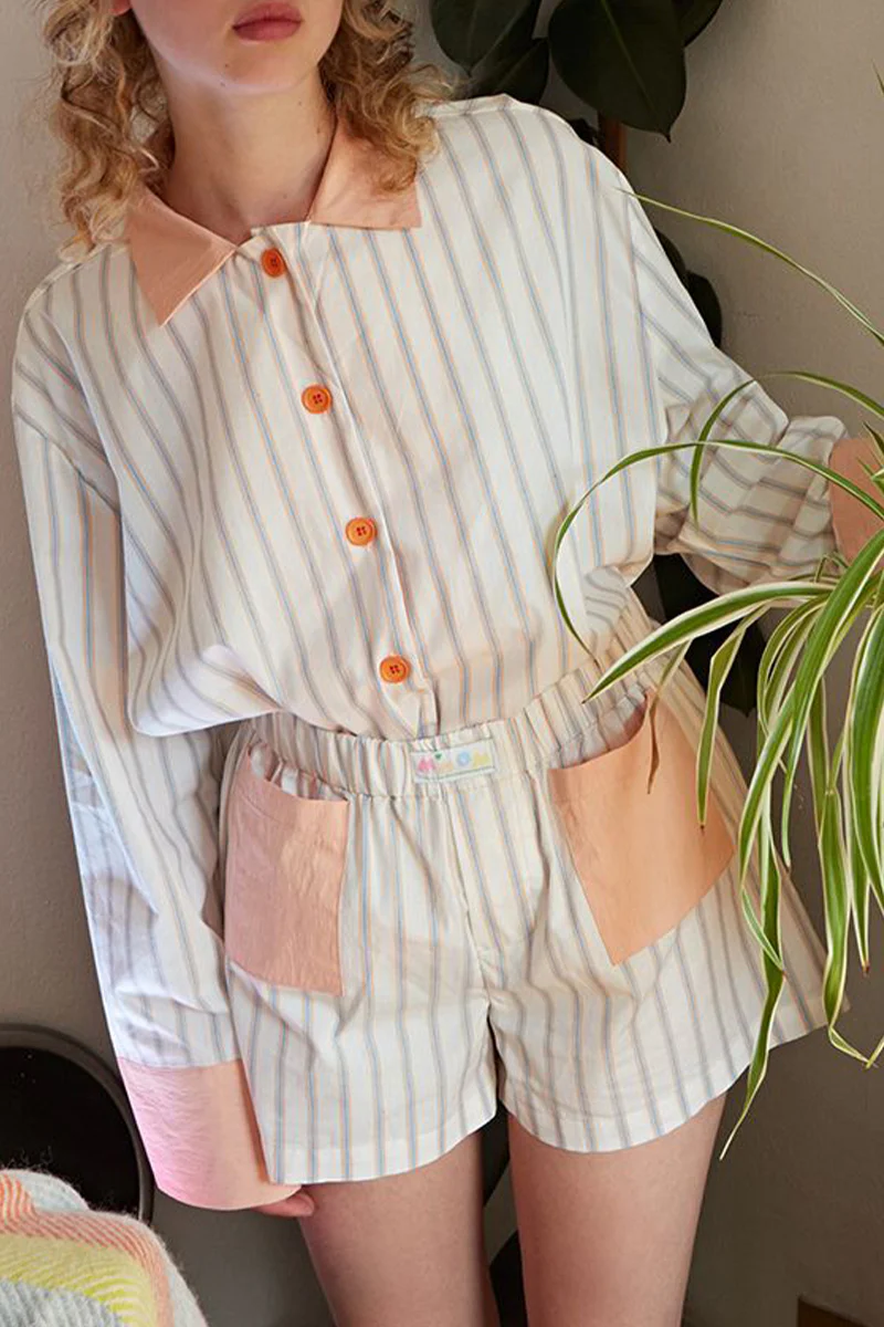 Casual Daily Stripe Patchwork Contrast Turndown Collar Long Sleeve Two Pieces - Panekey