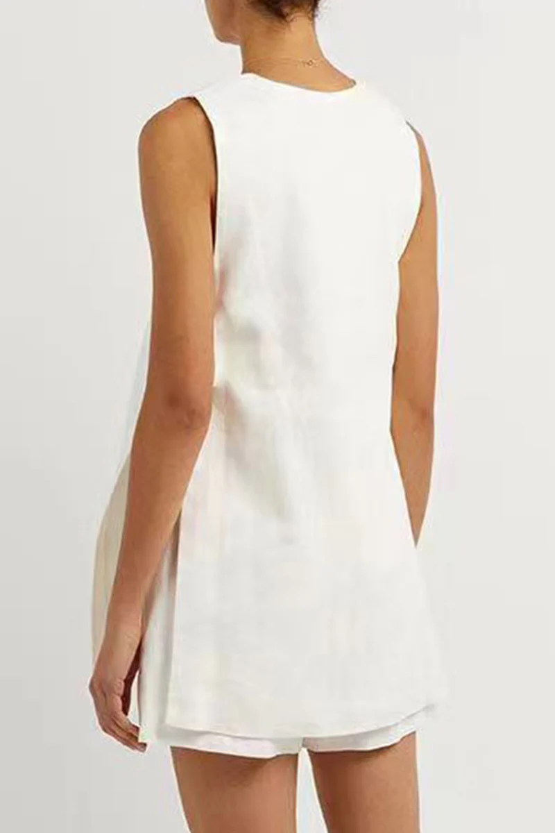 Casual British Style Solid Pocket Buckle V Neck Sleeveless Two Pieces(3 Colors) - Panekey