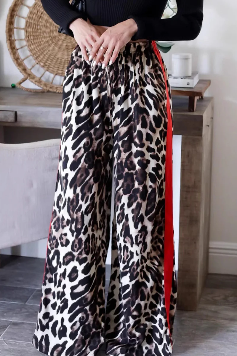 Casual Daily Stripe Leopard Patchwork Loose High Waist Wide Leg Full Print Bottoms - Panekey