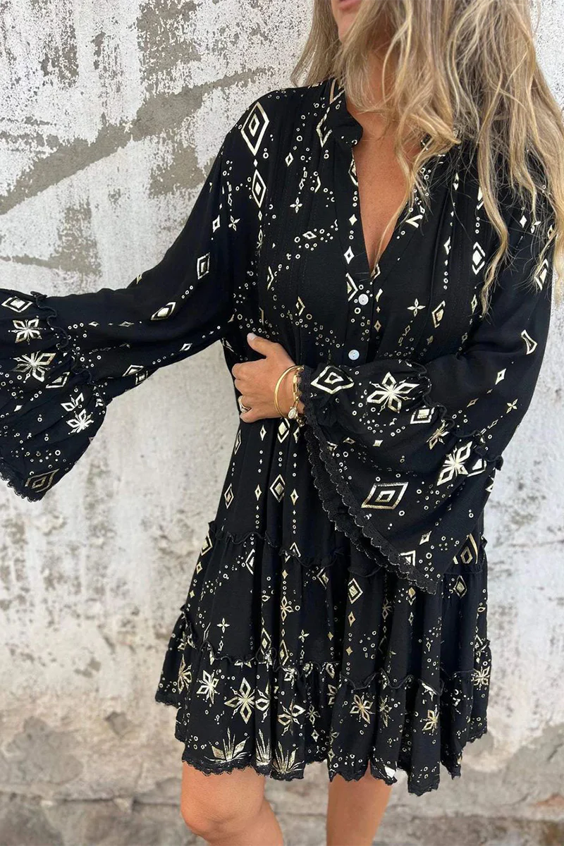 Casual Bronzing Pattern Patchwork Ruffle Contrast Button Collar A Line Dresses - Panekey