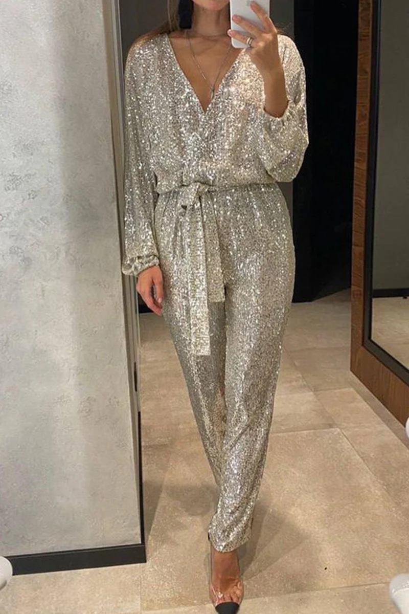 Casual British Style Solid Bandage Sequins Sequined V Neck Regular Jumpsuits - Panekey