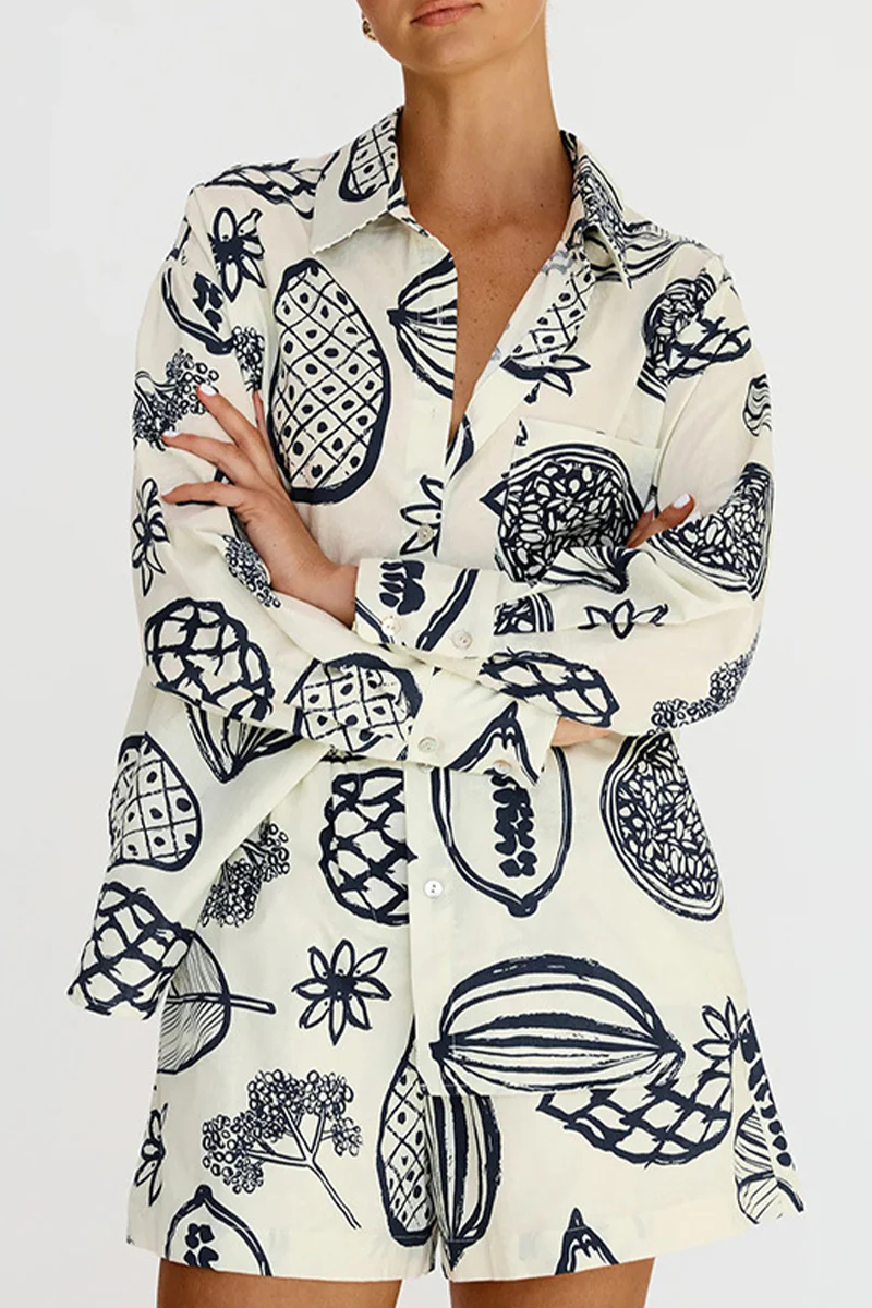 Casual Floral Patchwork Turndown Collar Long Sleeve Two Pieces - Panekey