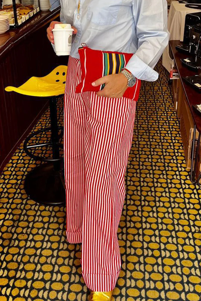 Casual Daily Plaid Stripe Pocket Loose High Waist Straight Full Print Bottoms(4 Colors) - Panekey