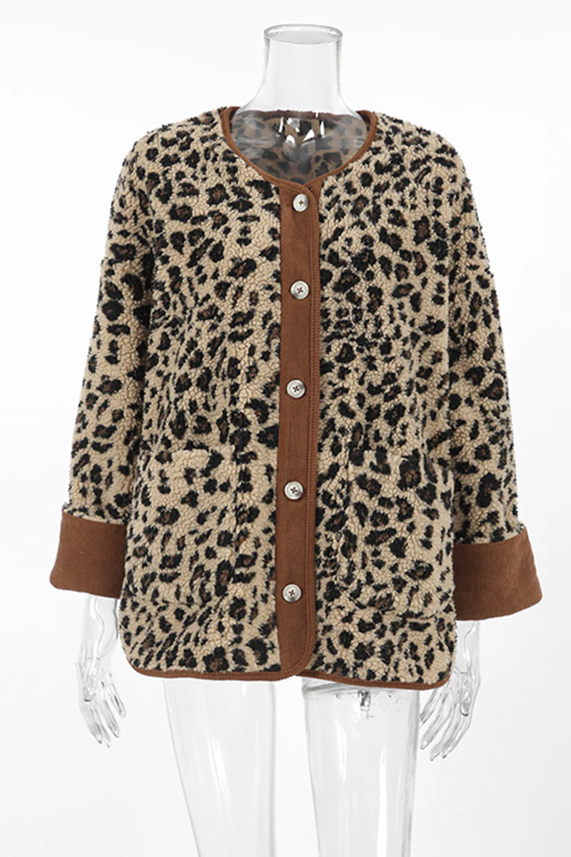 Casual Leopard Pocket Buttons Patchwork O Neck Outerwear - Panekey