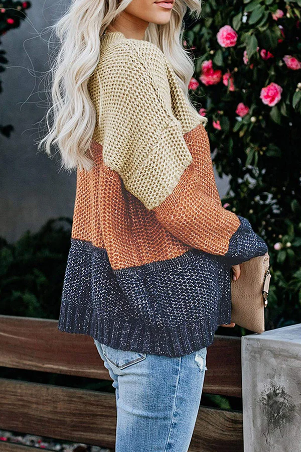 Casual Patchwork Basic  Contrast O Neck Tops Sweater - Panekey