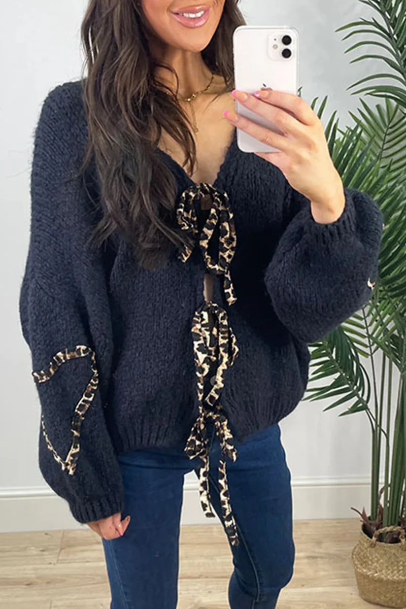 Casual Leopard Lace Up Patchwork Weave V Neck Outerwear(7 Colors) - Panekey