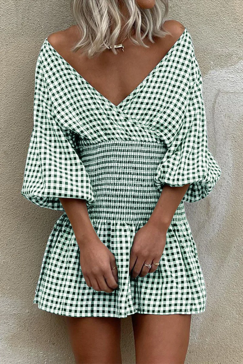 Casual Plaid V Neck Waist Skirt Dresses(5 Colors) - Panekey