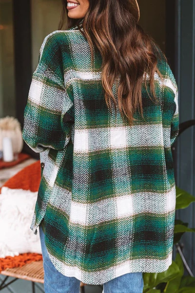 Casual Plaid Pocket Buckle Turndown Collar Outerwear(3 Colors) - Panekey