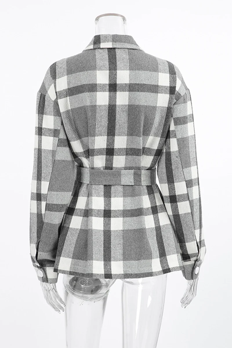 Casual Plaid Lace Up Buttons Contrast Gross Turndown Collar Outerwear - Panekey