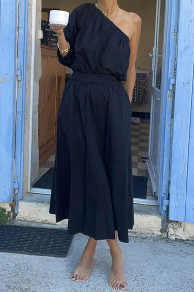 Casual Elegant Solid Color Pocket Irregular Oblique Collar Half Sleeve Two Pieces - Panekey