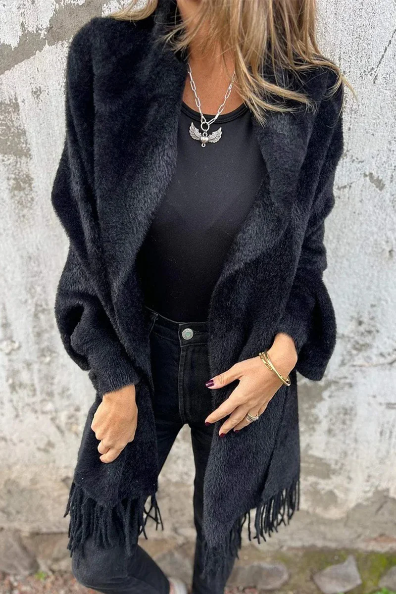 Casual Fringed Trim Fluffy Shawl Collar Outerwear(3 Colors) - Panekey